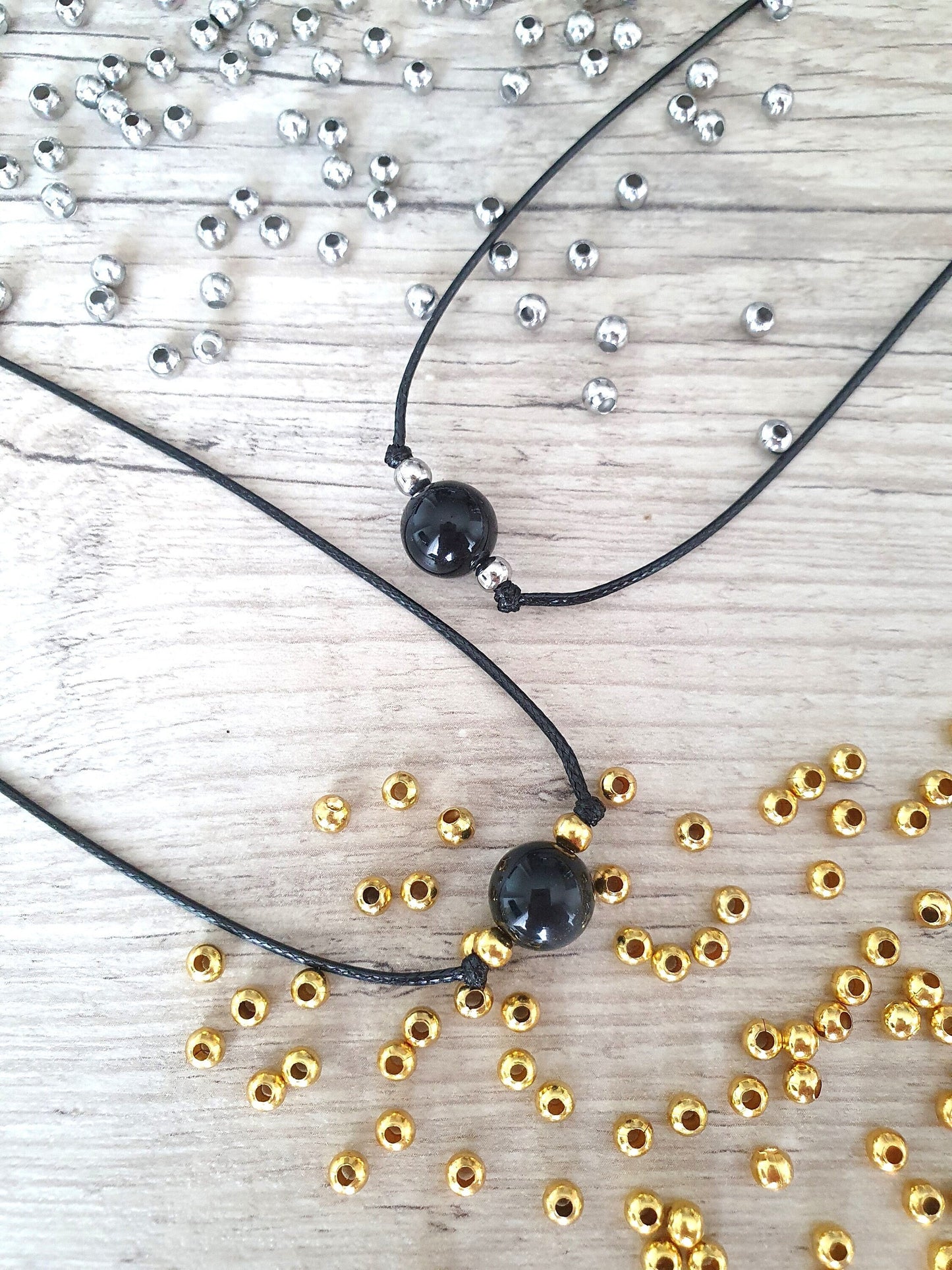 Black Obsidian, Obsidian Choker, Obsidian Necklace, Gold Plated Beads, Steel Beads, Gemstone Choker, Gemstone Necklace, Cord Necklace