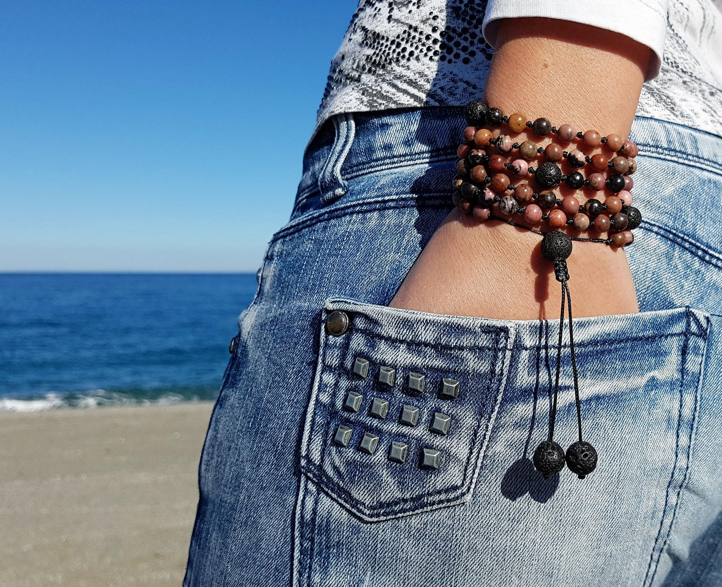 Rhodonite Mala, Volcanic rock Mala, 108 Mala, 108 Mala Bracelet, Pink Mala Beads, 108 Mala Beads, 108 Prayer Beads, Boho Necklace, Knotted