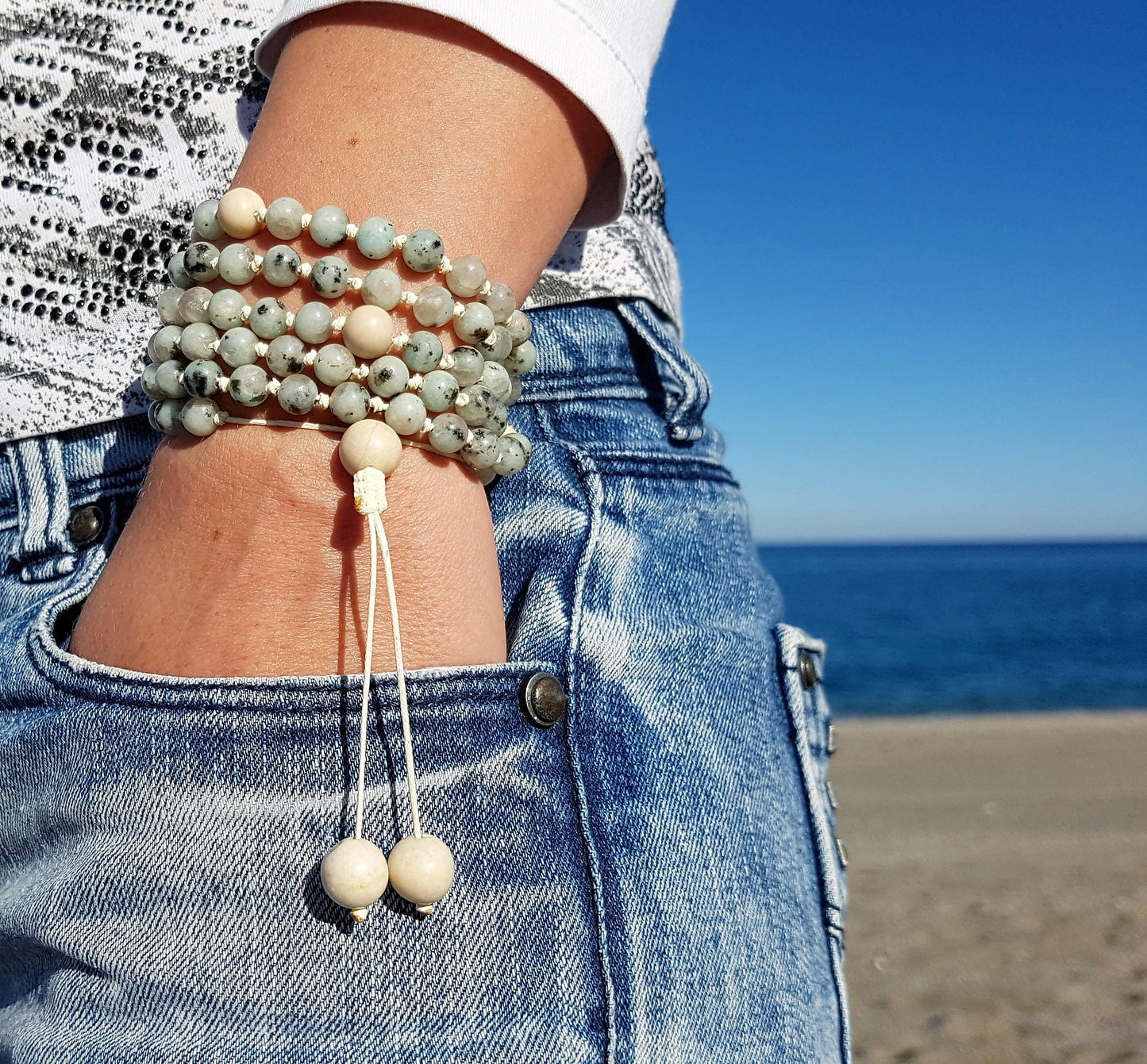 Kiwi Jasper Mala, Fossil Mala, 108 Mala, 108 Mala Bracelet, Beige Mala Beads, 108 Mala Beads, 108 Prayer Beads, Boho Necklace, Knotted Mala