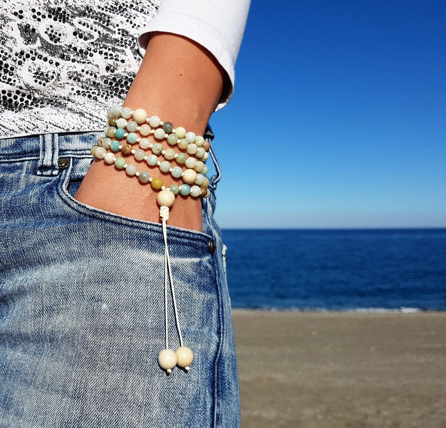 Amazonite Mala, Fossil Mala, 108 Mala, 108 Mala Bracelet, Beige Mala Beads, 108 Mala Beads, 108 Prayer Beads, Boho Necklace, Knotted Mala