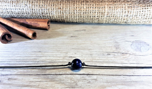 Blue Tigers Eye, Tigers Eye Choker, Gemstone Choker, Choker Necklace, Boho Choker, Bohemian Choker, Single Bead Choker, Thin Black Choker