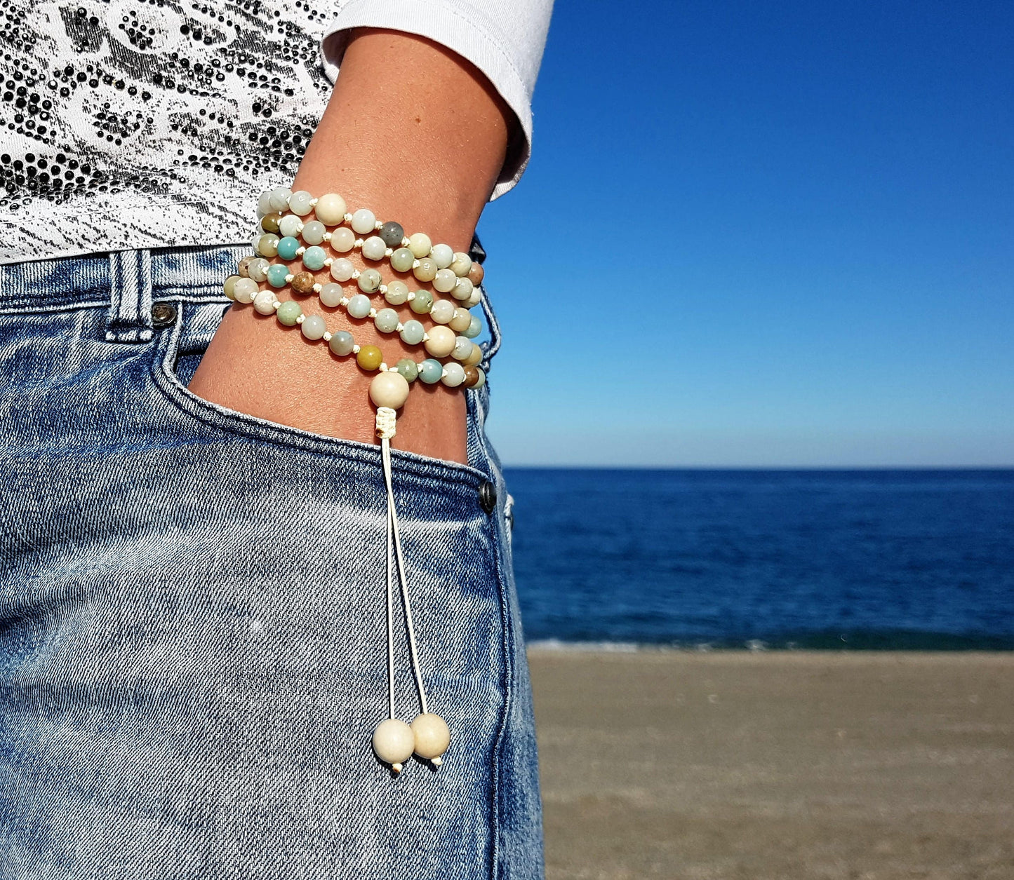 Amazonite Mala, Fossil Mala, 108 Mala, 108 Mala Bracelet, Beige Mala Beads, 108 Mala Beads, 108 Prayer Beads, Boho Necklace, Knotted Mala