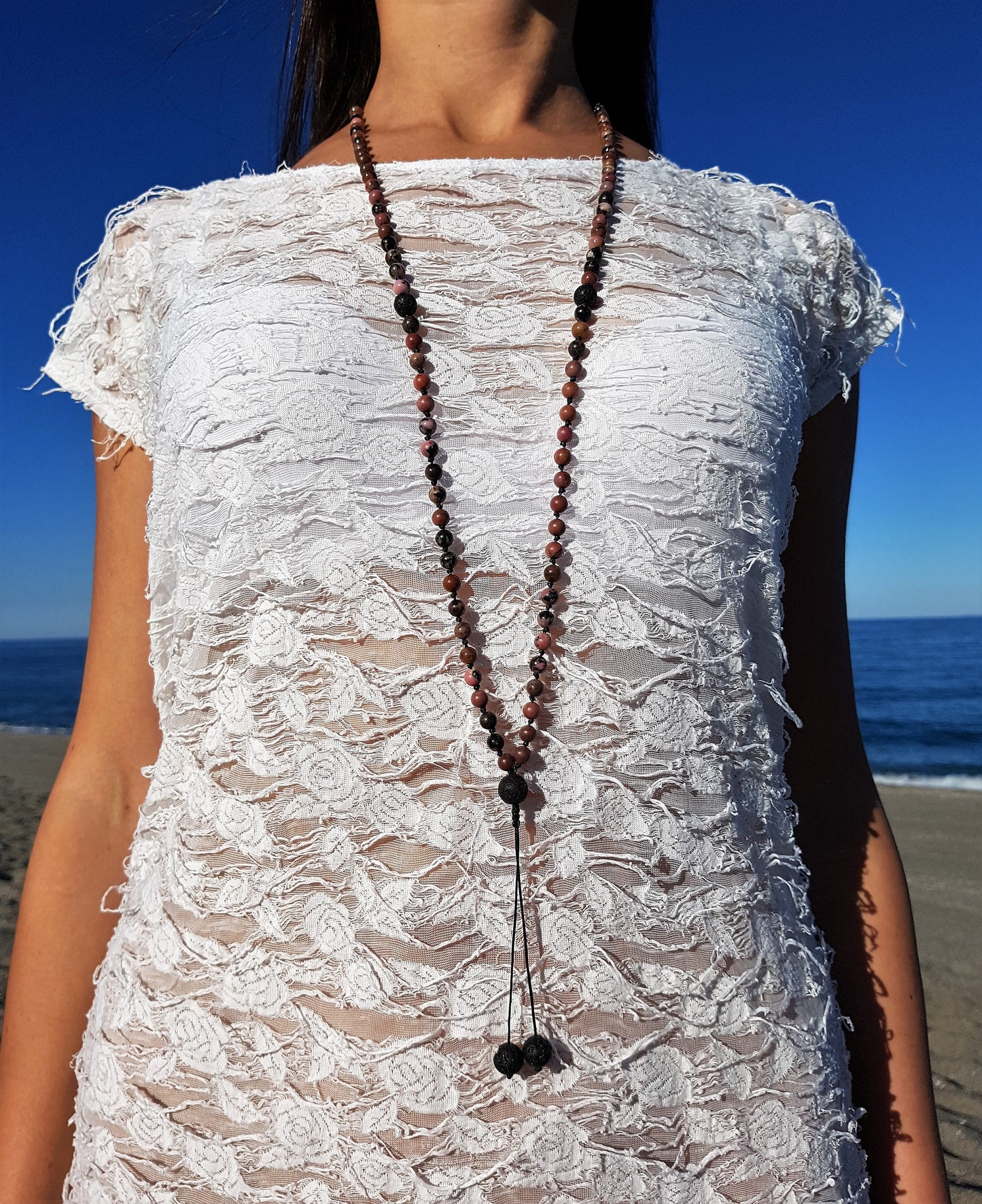 Rhodonite Mala, Volcanic rock Mala, 108 Mala, 108 Mala Bracelet, Pink Mala Beads, 108 Mala Beads, 108 Prayer Beads, Boho Necklace, Knotted