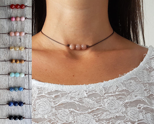Gemstone Choker, Boho Choker, Choker Necklace,Triple Bead Choker, Carnelian Choker, Rhodonite Choker, Moonstone Choker, Quartz Choker