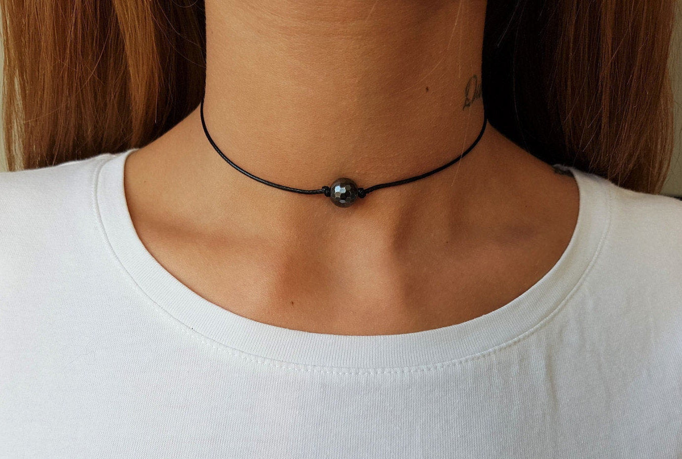 Dark Gray Hematite, Hematite Choker, Gemstone Choker, Choker Necklace, Boho Choker, Bohemian Choker, Single Bead Choker, Thin Black Choker
