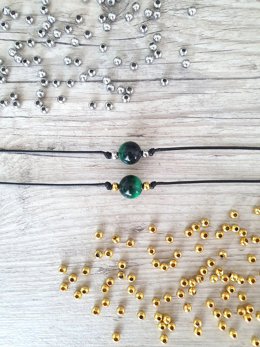 Green Tigers Eye, Tigers Eye Choker, Tigers Eye Necklace, Gold Plated Beads, Steel Beads, Gemstone Choker, Gemstone Necklace, Cord Necklace