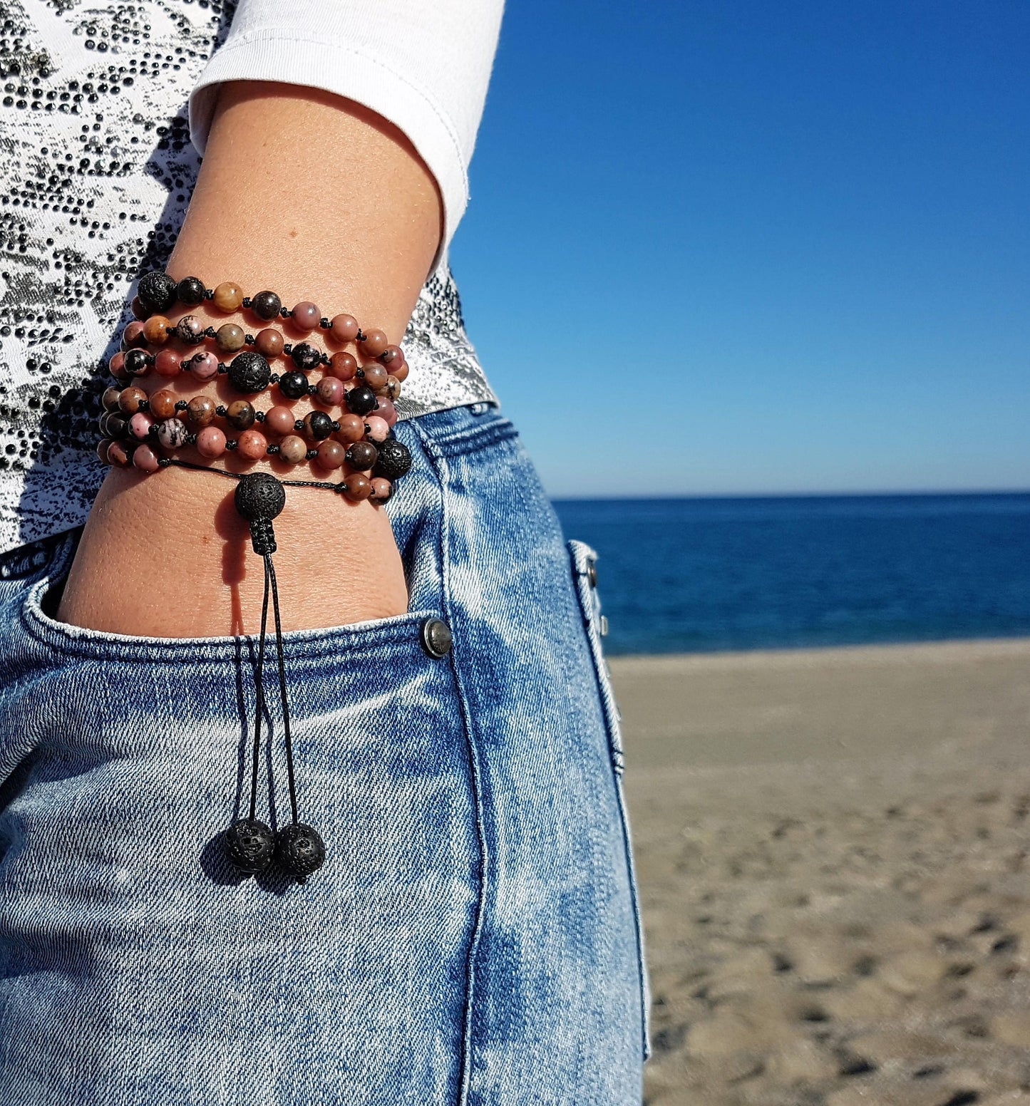 Rhodonite Mala, Volcanic rock Mala, 108 Mala, 108 Mala Bracelet, Pink Mala Beads, 108 Mala Beads, 108 Prayer Beads, Boho Necklace, Knotted