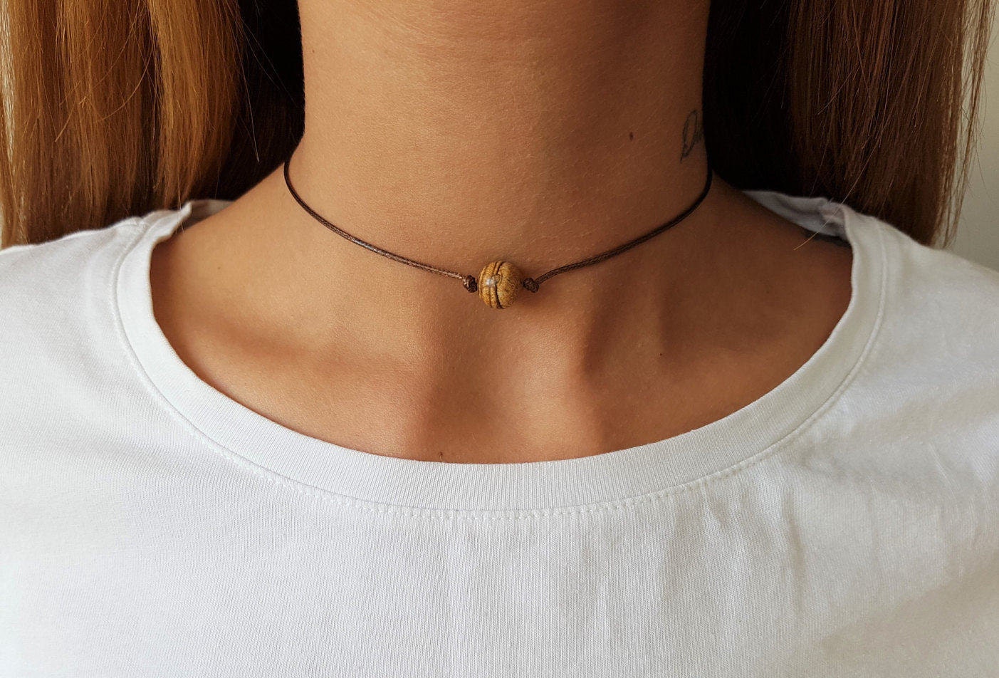 Picture Jasper, Jasper Choker, Gemstone Choker, Choker Necklace, Boho Choker, Bohemian Choker, Single Bead Choker, Thin Brown Choker, Brown
