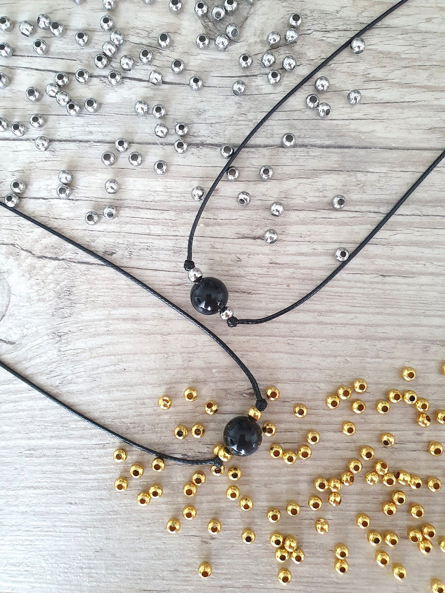 Black Obsidian, Obsidian Choker, Obsidian Necklace, Gold Plated Beads, Steel Beads, Gemstone Choker, Gemstone Necklace, Cord Necklace
