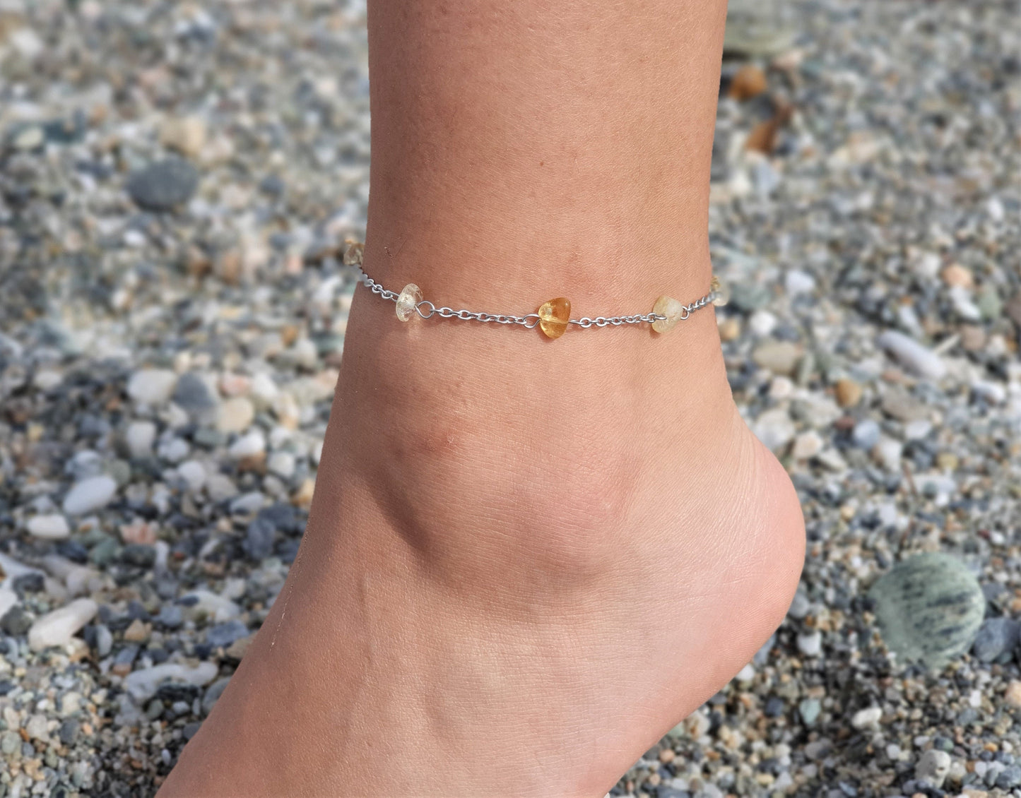Citrine Anklet, Silver Anklet, Crystal Anklet, Gemstone Anklet, Ankle Bracelet, Boho Anklet, Beach Anklet, Summer Anklet, Chips Anklet