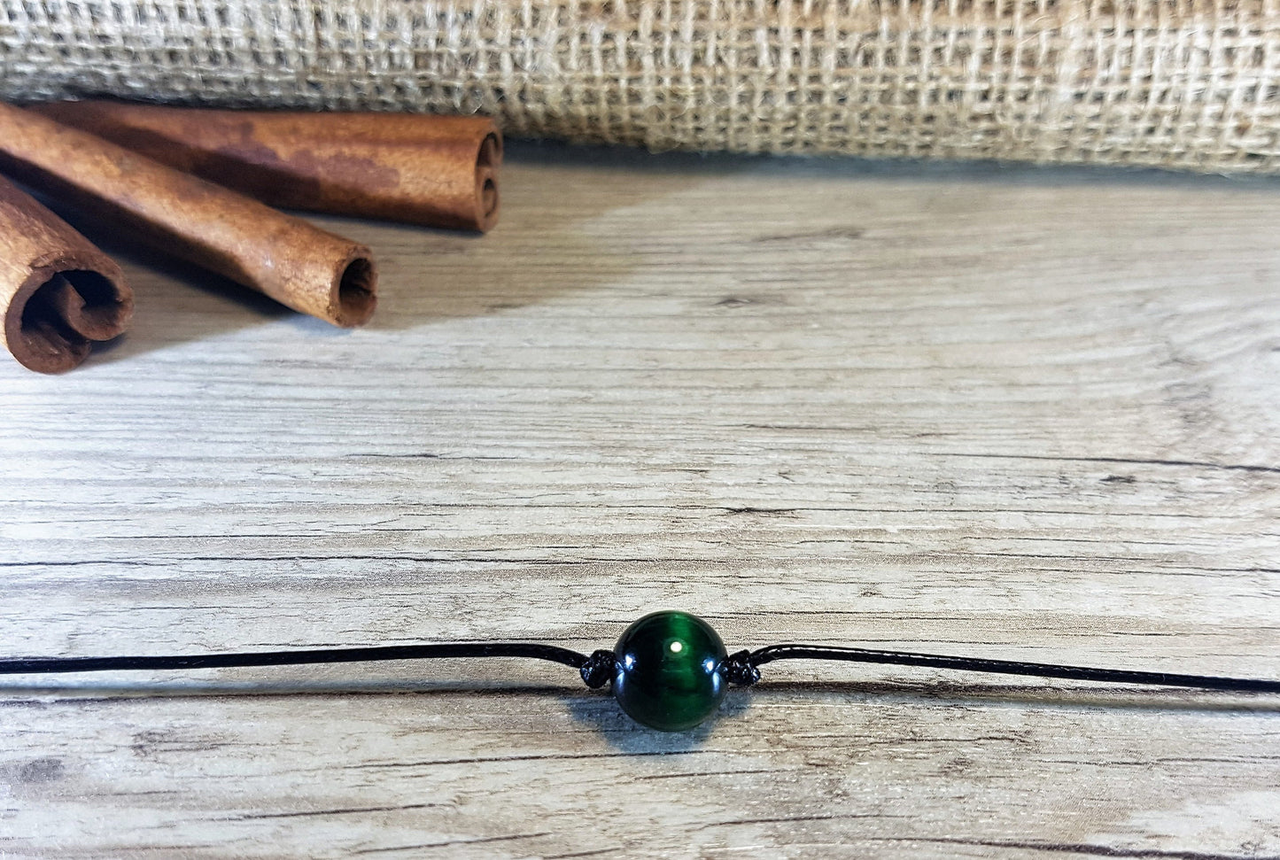 Green Tigers Eye, Tigers Eye Choker, Gemstone Choker, Choker Necklace, Boho Choker, Bohemian Choker, Single Bead Choker, Thin Black Choker