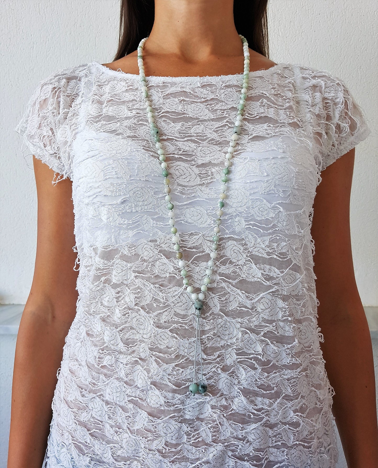White Jadeite Mala, Kiwi Jasper Mala, 108 Mala, 108 Mala Bracelet, White Mala Beads, 108 Mala Beads, 108 Prayer Beads, Boho Necklace, Knotte