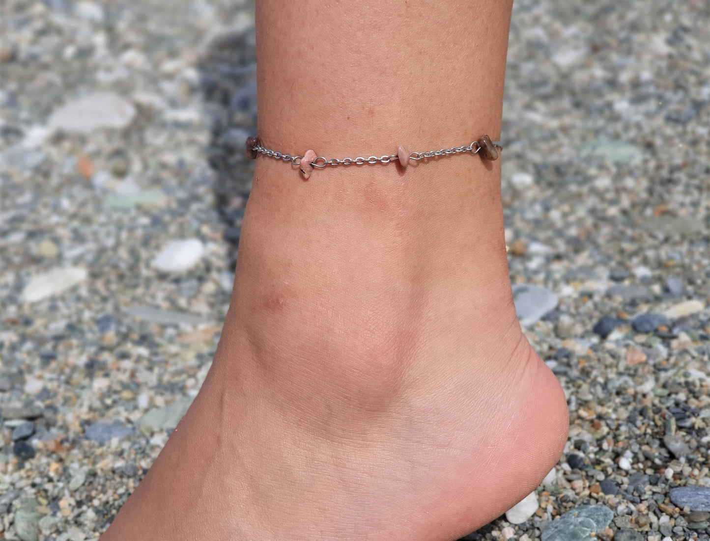 Rhodonite Anklet, Gold Anklet, Silver Anklet, Crystal Anklet, Gemstone Anklet, Ankle Bracelet, Boho Anklet, Beach Anklet, Summer Anklet