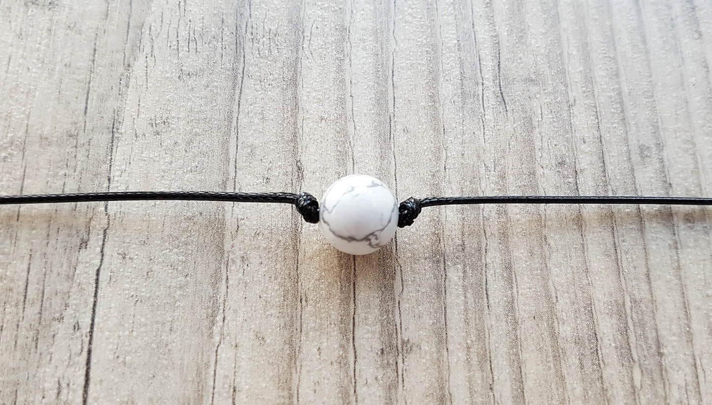 Howlite Choker, Gemstone Choker, Choker Necklace, Boho Choker, Bohemian Choker, Single Bead Choker, Thin Black Choker, Beige Bead Choker
