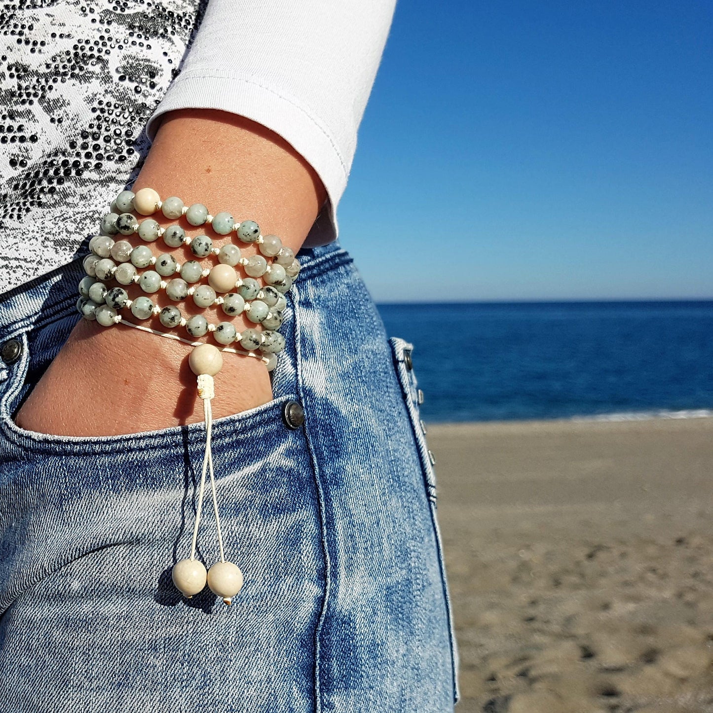 Kiwi Jasper Mala, Fossil Mala, 108 Mala, 108 Mala Bracelet, Beige Mala Beads, 108 Mala Beads, 108 Prayer Beads, Boho Necklace, Knotted Mala