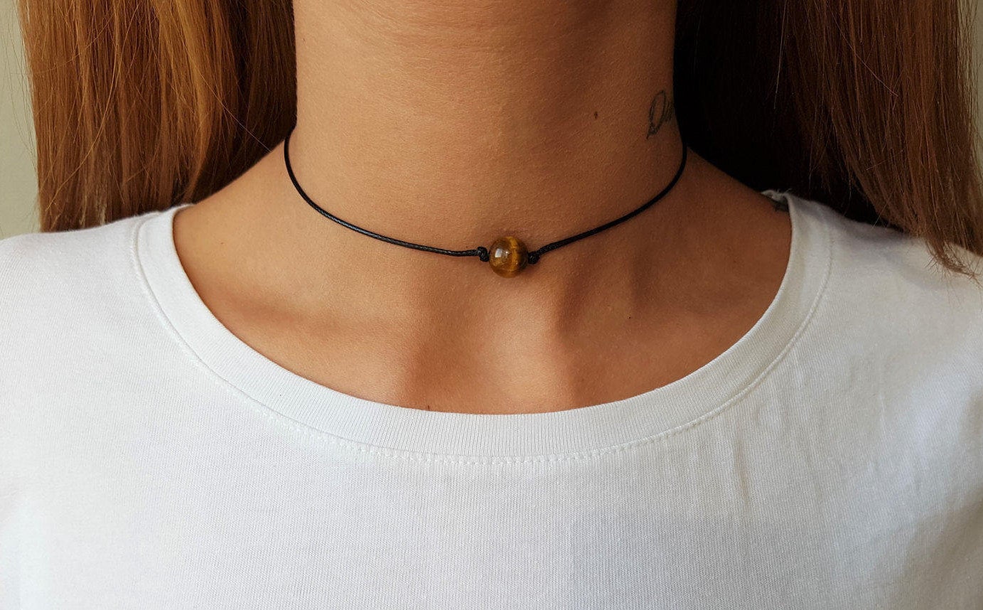 Tigers Eye Choker, Gemstone Choker, Choker Necklace, Boho Choker, Bohemian Choker, Single Bead Choker, Thin Black Choker, Brown Bead Choker
