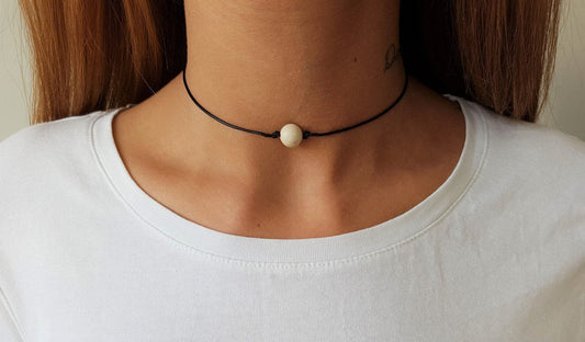 Fossil Choker, Gemstone Choker, Choker Necklace, Boho Choker, Bohemian Choker, Single Bead Choker, Thin Black Choker, Beige Bead Choker