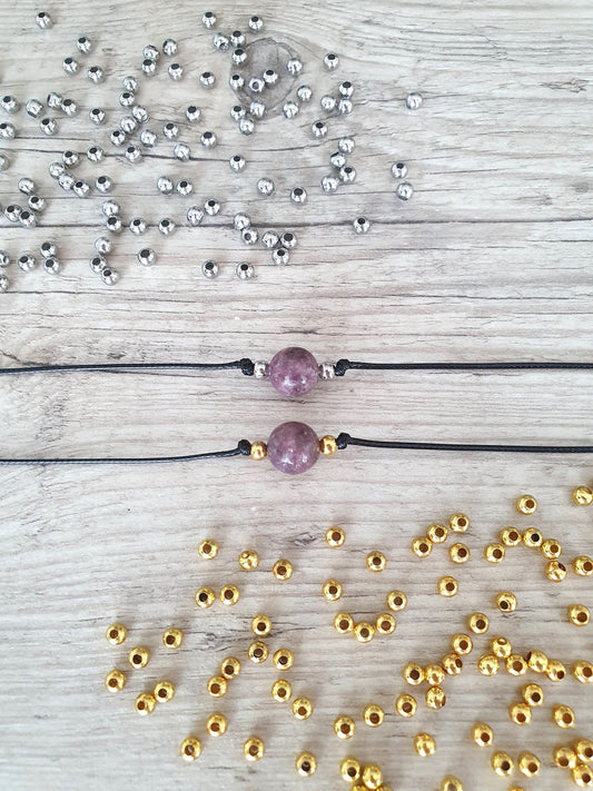 Lepidolite Choker, Lepidolite Necklace, Gold Plated Beads, Steel Beads, Gemstone Choker, Gemstone Necklace, Cord Necklace, Minimalistic