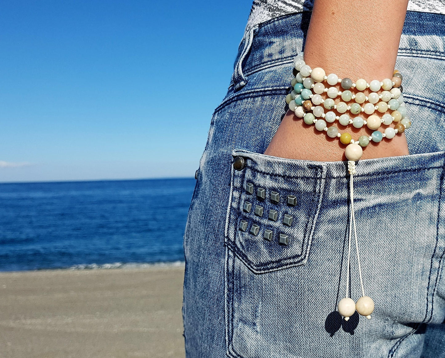 Amazonite Mala, Fossil Mala, 108 Mala, 108 Mala Bracelet, Beige Mala Beads, 108 Mala Beads, 108 Prayer Beads, Boho Necklace, Knotted Mala