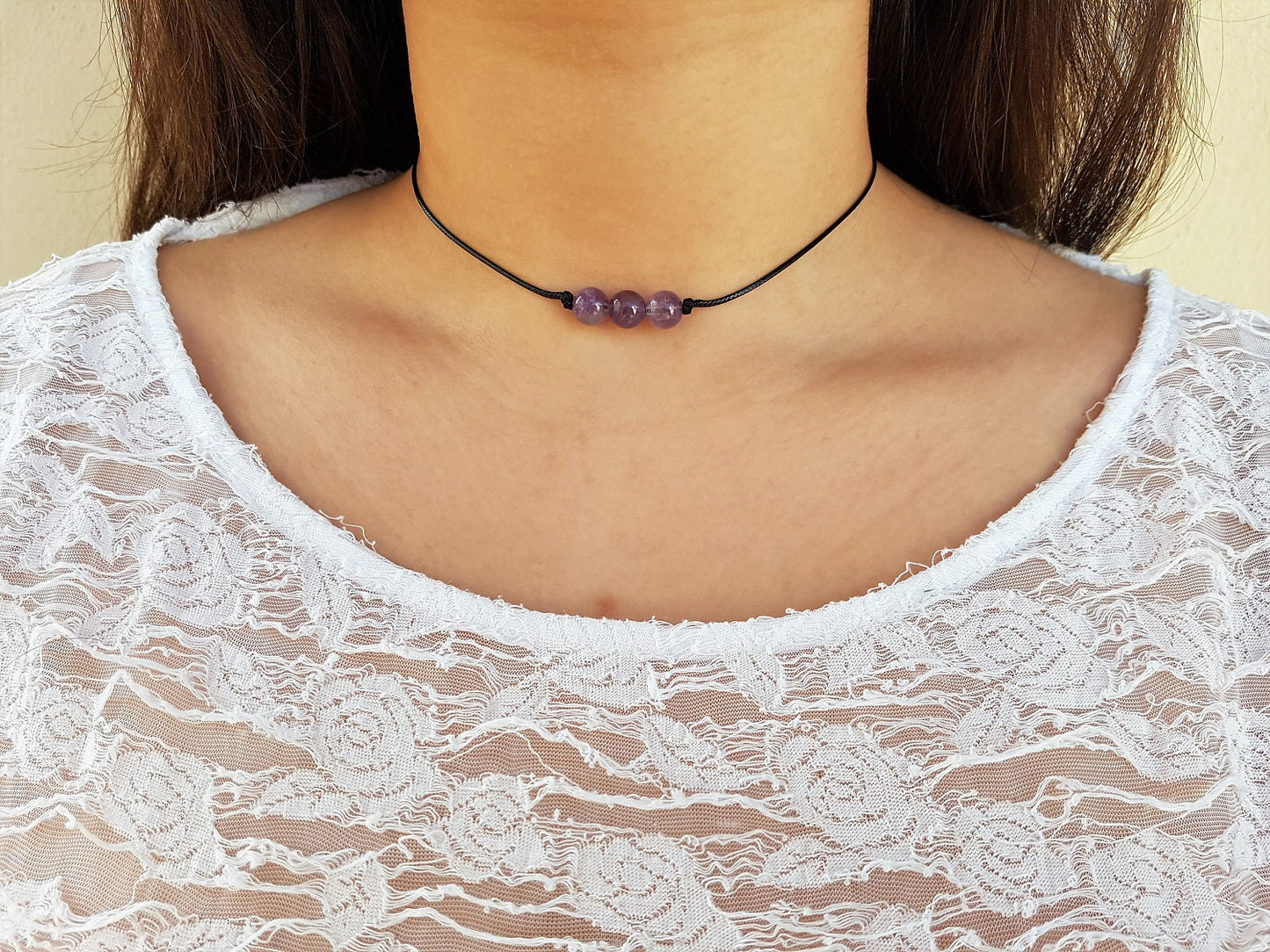 Amethyst Choker, Gemstone Choker, Boho Choker, Bohemian Choker, Healing Stones, Thin Black Choker, Cute Choker, Choker Necklace, Simple