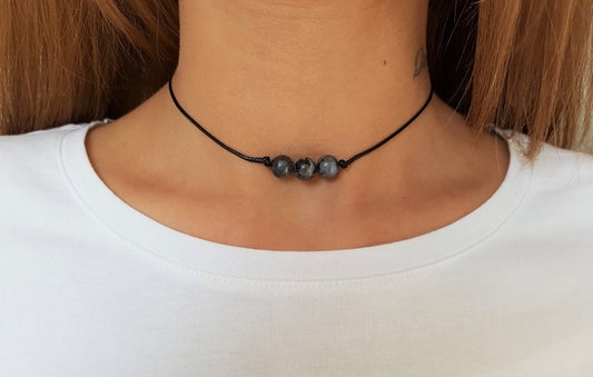 Labradorite Choker, Gemstone Choker, Boho Choker, Bohemian Choker, Thin Black Choker, Gray Bead Choker, Cute Choker, Black Choker, Choker