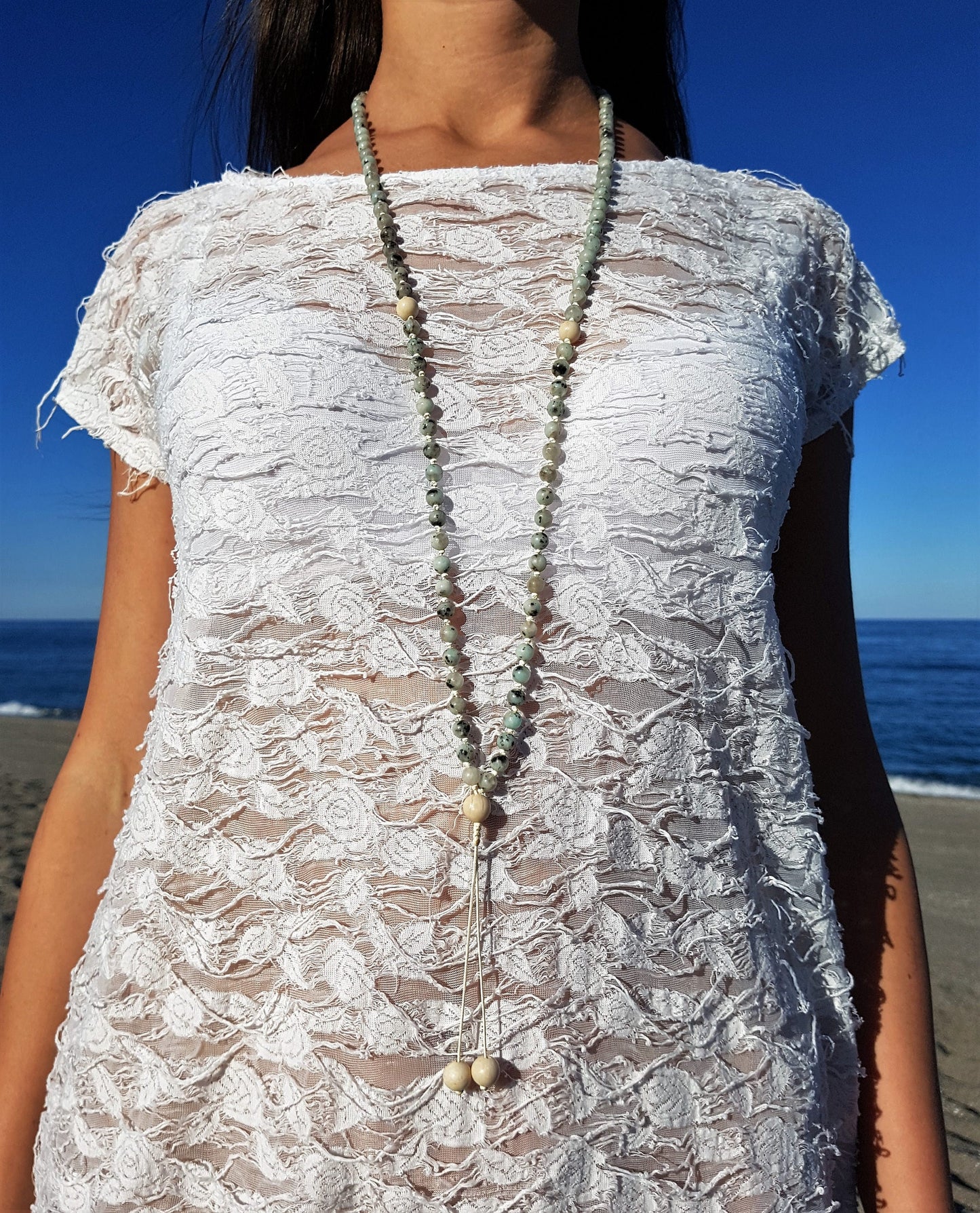Kiwi Jasper Mala, Fossil Mala, 108 Mala, 108 Mala Bracelet, Beige Mala Beads, 108 Mala Beads, 108 Prayer Beads, Boho Necklace, Knotted Mala