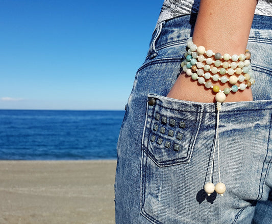 Amazonite Mala, Fossil Mala, 108 Mala, 108 Mala Bracelet, Beige Mala Beads, 108 Mala Beads, 108 Prayer Beads, Boho Necklace, Knotted Mala