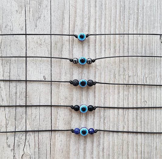 Evil Eye Choker, Evil Eye Necklace, Black Onyx Choker, Hematite Choker, Gemstone Choker, Boho Choker, Bohemian Choker, Thin Black Choker