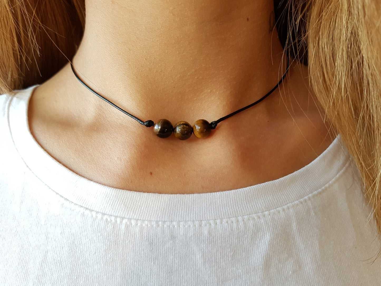 Tigers Eye Choker, Gemstone Choker, Boho Choker, Bohemian Choker, Thin Black Choker, Black Choker, Choker Necklace, Simple Black Choker