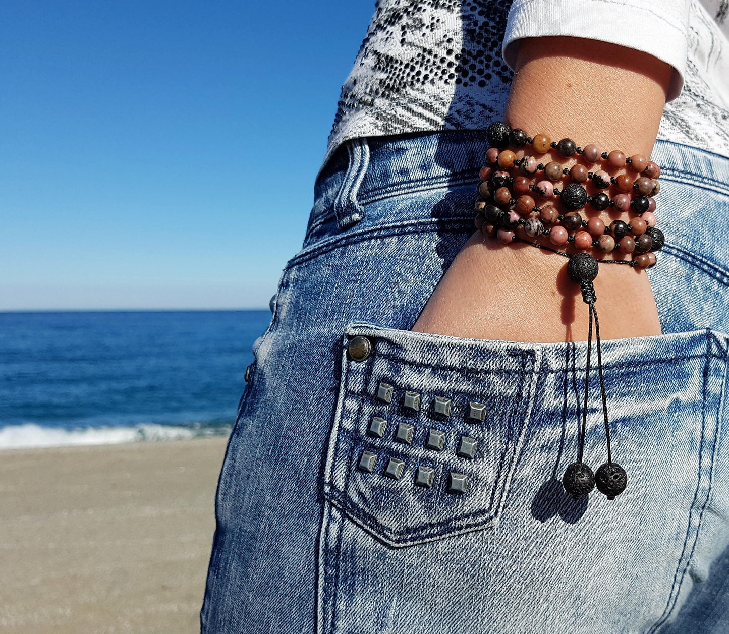 Rhodonite Mala, Volcanic rock Mala, 108 Mala, 108 Mala Bracelet, Pink Mala Beads, 108 Mala Beads, 108 Prayer Beads, Boho Necklace, Knotted