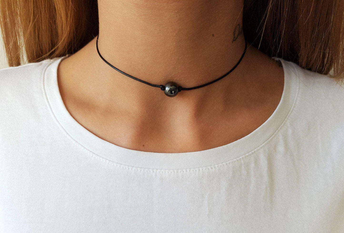 Gray Hematite Choker, Gemstone Choker, Choker Necklace, Boho Choker, Bohemian Choker, Single Bead Choker, Thin Black Choker, Gray Bead Choke