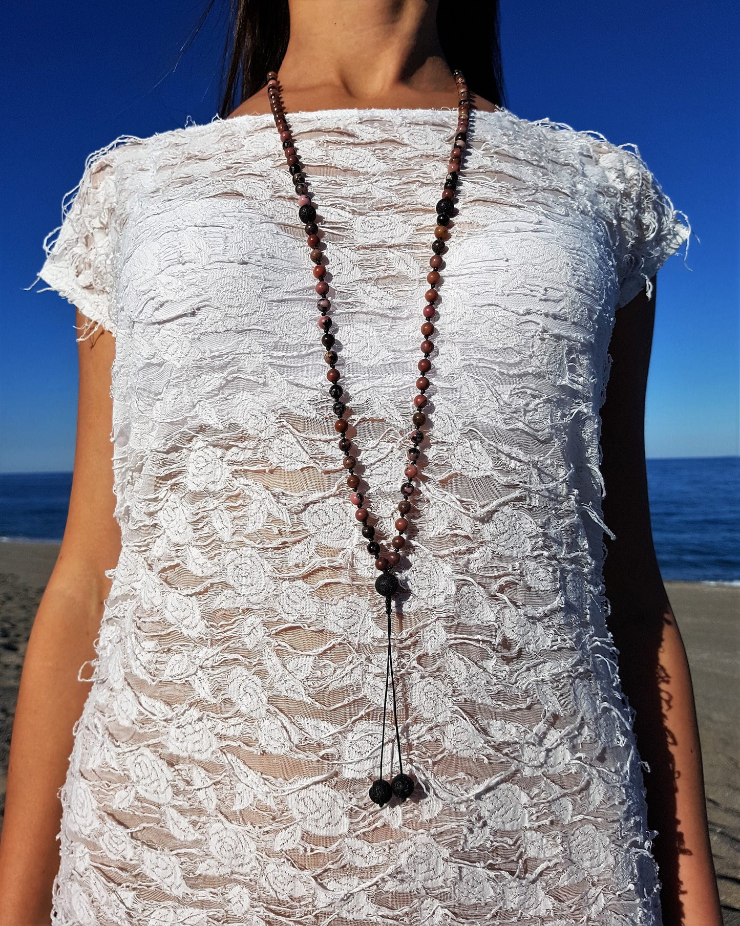 Rhodonite Mala, Volcanic rock Mala, 108 Mala, 108 Mala Bracelet, Pink Mala Beads, 108 Mala Beads, 108 Prayer Beads, Boho Necklace, Knotted