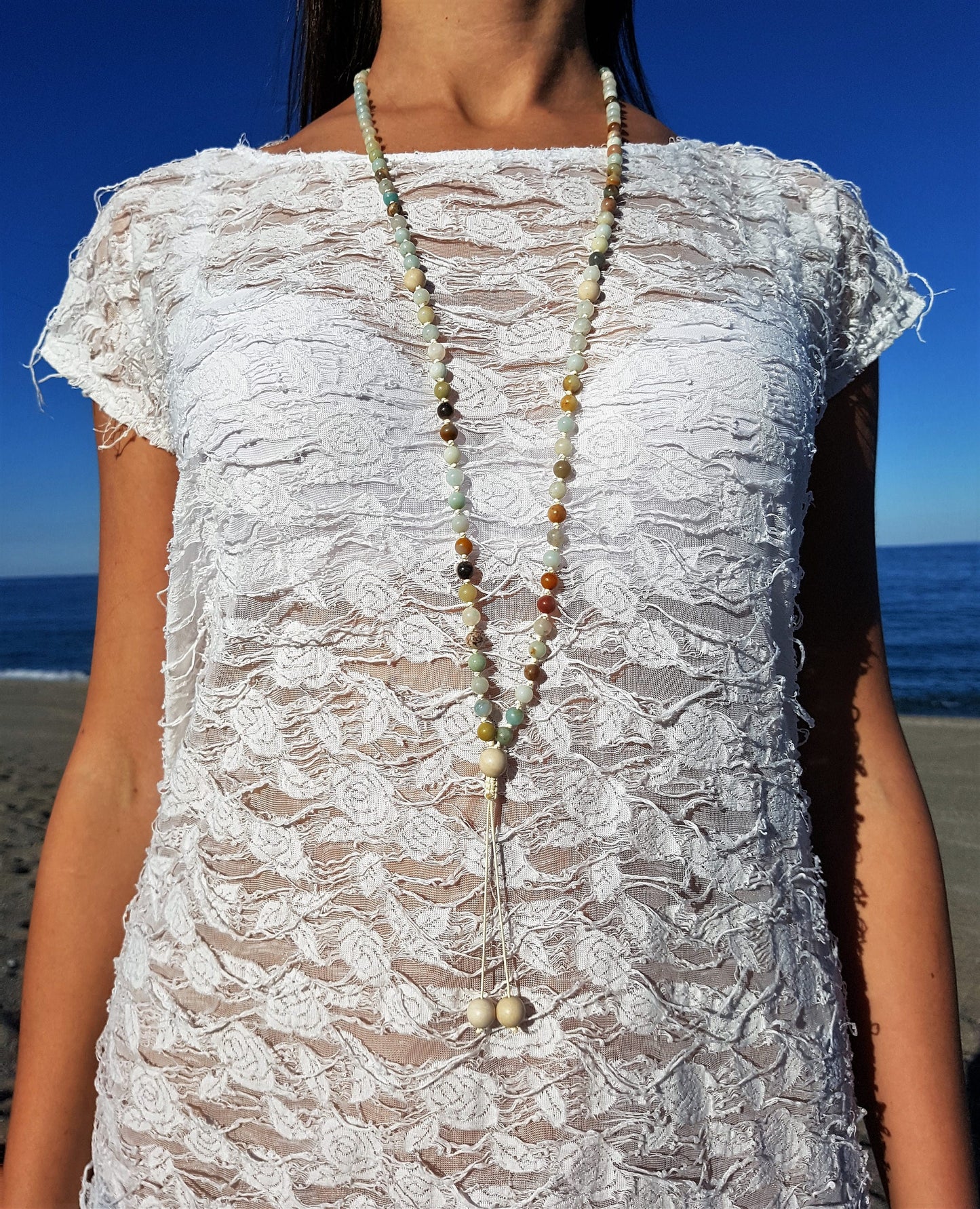 Amazonite Mala, Fossil Mala, 108 Mala, 108 Mala Bracelet, Beige Mala Beads, 108 Mala Beads, 108 Prayer Beads, Boho Necklace, Knotted Mala