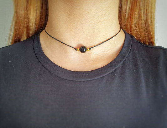 Black Obsidian, Obsidian Choker, Obsidian Necklace, Gold Plated Beads, Steel Beads, Gemstone Choker, Gemstone Necklace, Cord Necklace