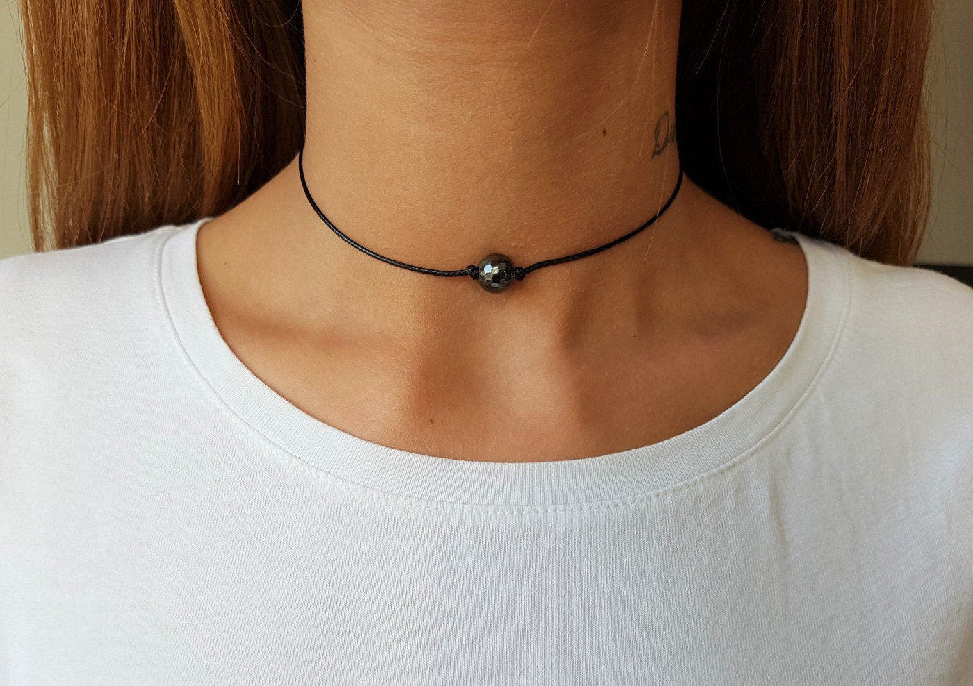 Dark Gray Hematite, Hematite Choker, Gemstone Choker, Choker Necklace, Boho Choker, Bohemian Choker, Single Bead Choker, Thin Black Choker