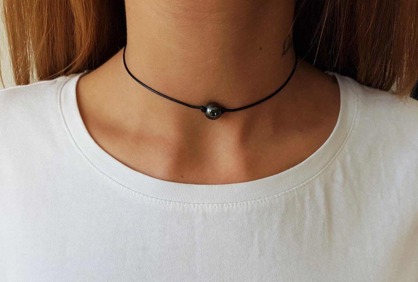 Gray Hematite Choker, Gemstone Choker, Choker Necklace, Boho Choker, Bohemian Choker, Single Bead Choker, Thin Black Choker, Gray Bead Choke