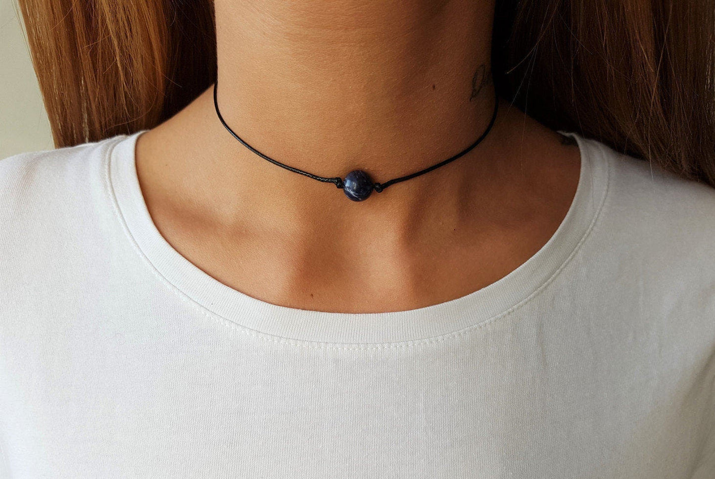 Sodalite Choker, Gemstone Choker, Choker Necklace, Boho Choker, Bohemian Choker, Single Bead Choker, Thin Black Choker, Blue Bead Choker