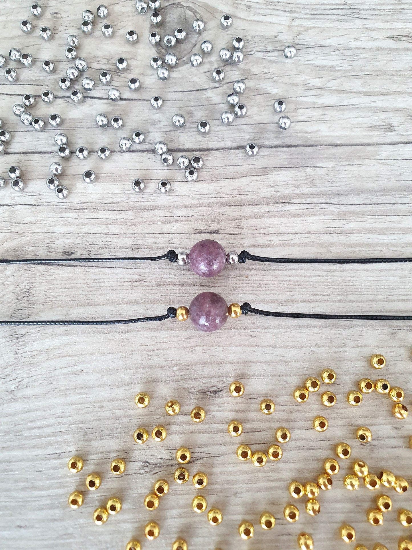 Lepidolite Choker, Lepidolite Necklace, Gold Plated Beads, Steel Beads, Gemstone Choker, Gemstone Necklace, Cord Necklace, Minimalistic