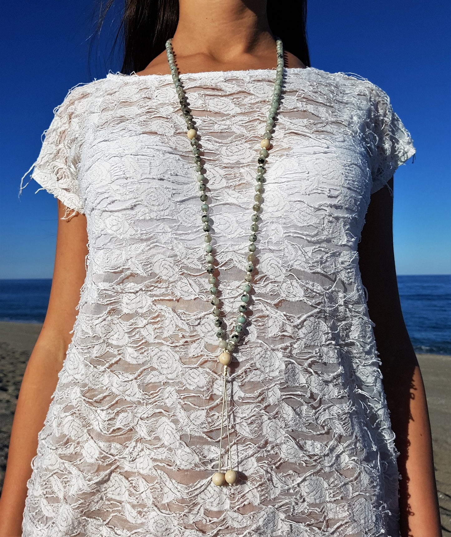 Kiwi Jasper Mala, Fossil Mala, 108 Mala, 108 Mala Bracelet, Beige Mala Beads, 108 Mala Beads, 108 Prayer Beads, Boho Necklace, Knotted Mala