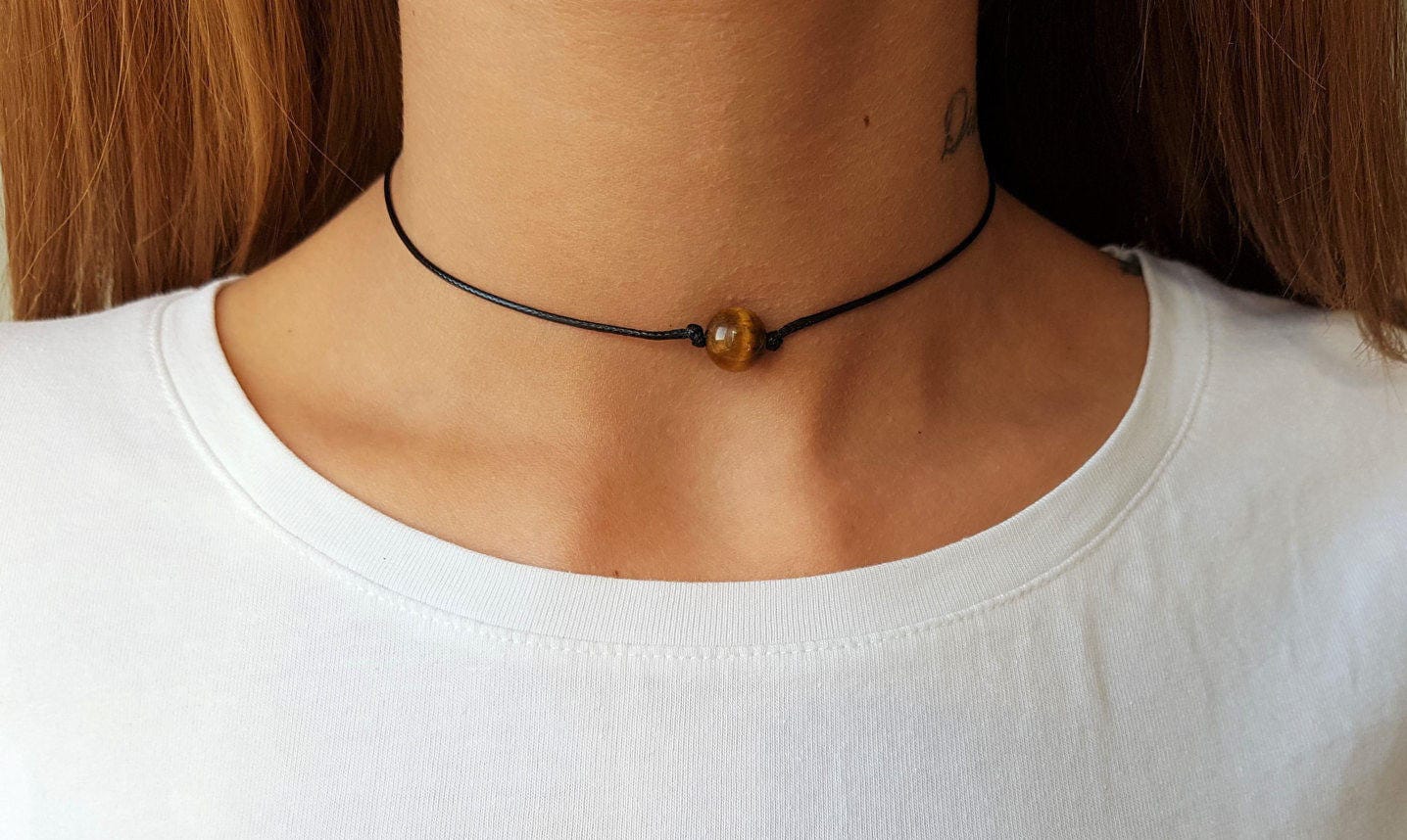 Tigers Eye Choker, Gemstone Choker, Choker Necklace, Boho Choker, Bohemian Choker, Single Bead Choker, Thin Black Choker, Brown Bead Choker