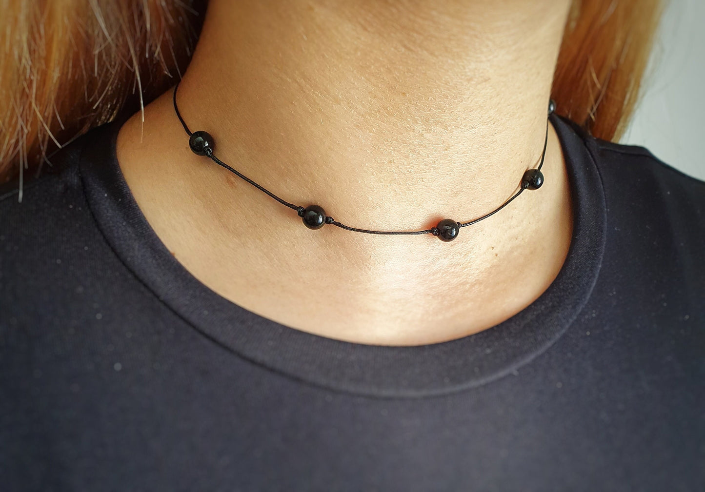 Black Obsidian, Obsidian Necklace, Choker Necklace, Dainty Bead Choker, Bridesmaid Necklace, Girlfriend Gift, Minimalist Choker, Adjustable