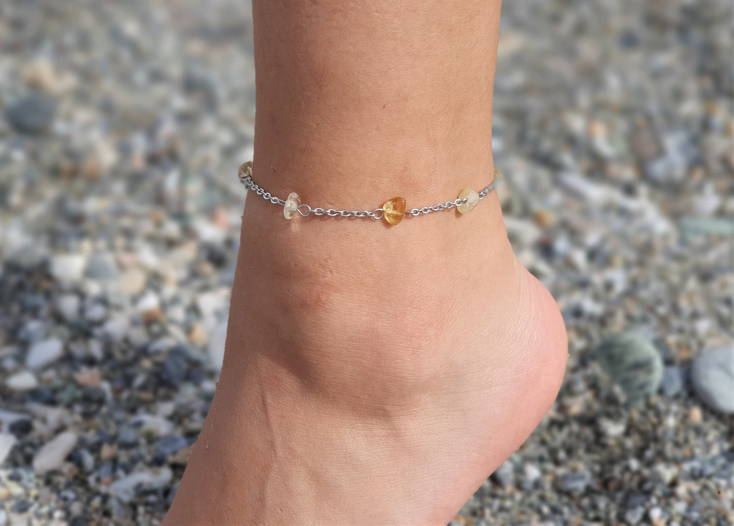 Citrine Anklet, Silver Anklet, Crystal Anklet, Gemstone Anklet, Ankle Bracelet, Boho Anklet, Beach Anklet, Summer Anklet, Chips Anklet