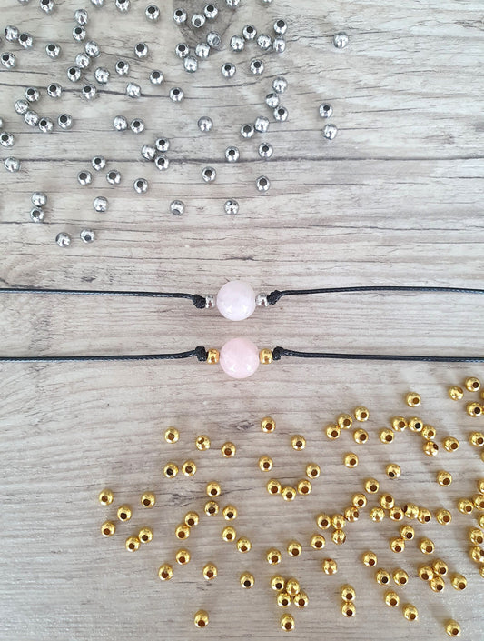 Rose Quartz, Quartz Choker, Quartz Necklace, Gold Plated Beads, Steel Beads, Gemstone Choker, Gemstone Necklace, Cord Necklace, Minimalistic