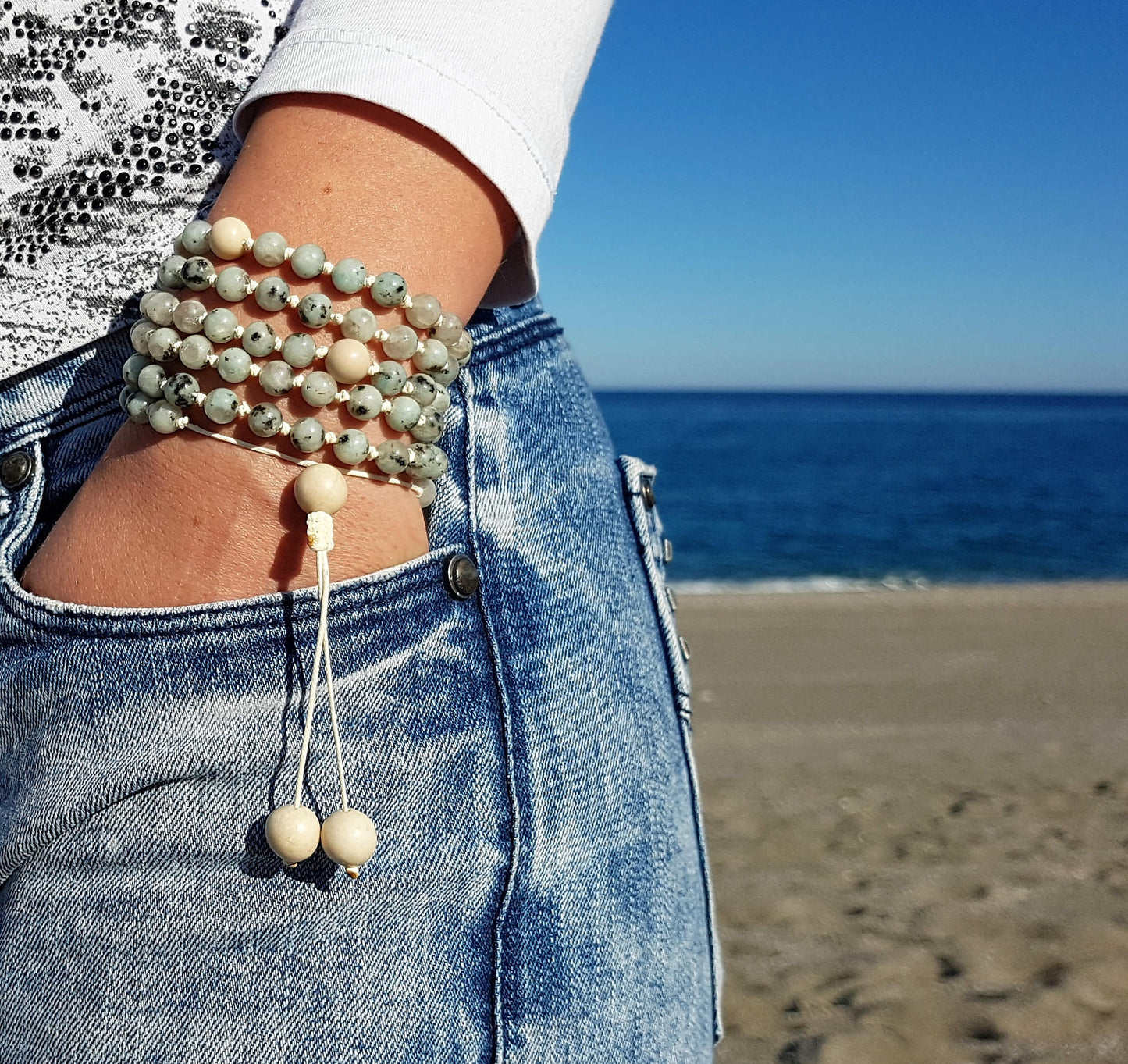 Kiwi Jasper Mala, Fossil Mala, 108 Mala, 108 Mala Bracelet, Beige Mala Beads, 108 Mala Beads, 108 Prayer Beads, Boho Necklace, Knotted Mala