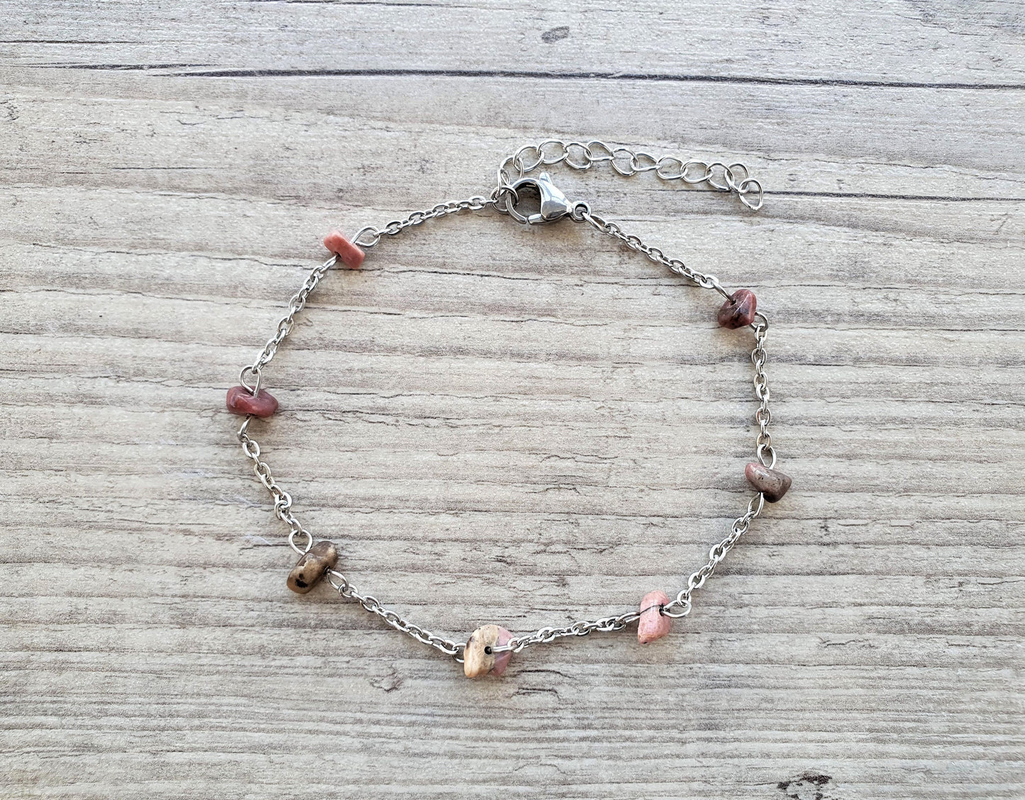 Rhodonite Anklet, Gold Anklet, Silver Anklet, Crystal Anklet, Gemstone Anklet, Ankle Bracelet, Boho Anklet, Beach Anklet, Summer Anklet