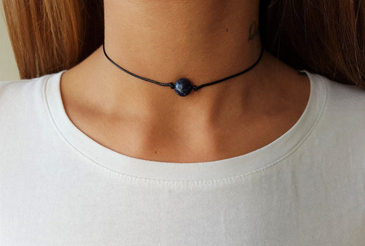 Sodalite Choker, Gemstone Choker, Choker Necklace, Boho Choker, Bohemian Choker, Single Bead Choker, Thin Black Choker, Blue Bead Choker