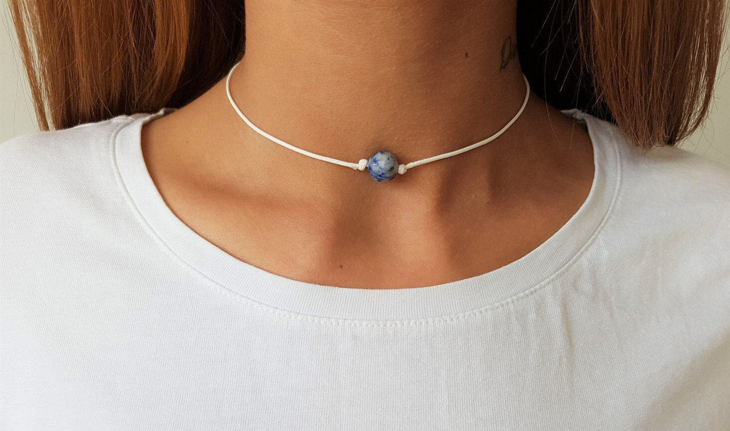 Sodalite Choker, Gemstone Choker, Choker Necklace, Boho Choker, Bohemian Choker, Single Bead Choker, Thin White Choker, Blue Bead Choker