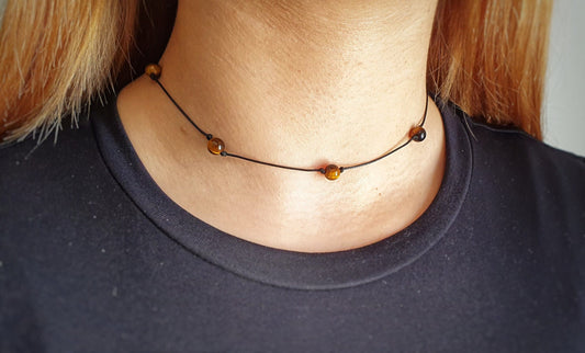 Tigers Eye Necklace, Choker Necklace, Dainty Bead Choker, Bridesmaid Necklace, Girlfriend Gift, Minimalist Choker, Adjustable Necklace