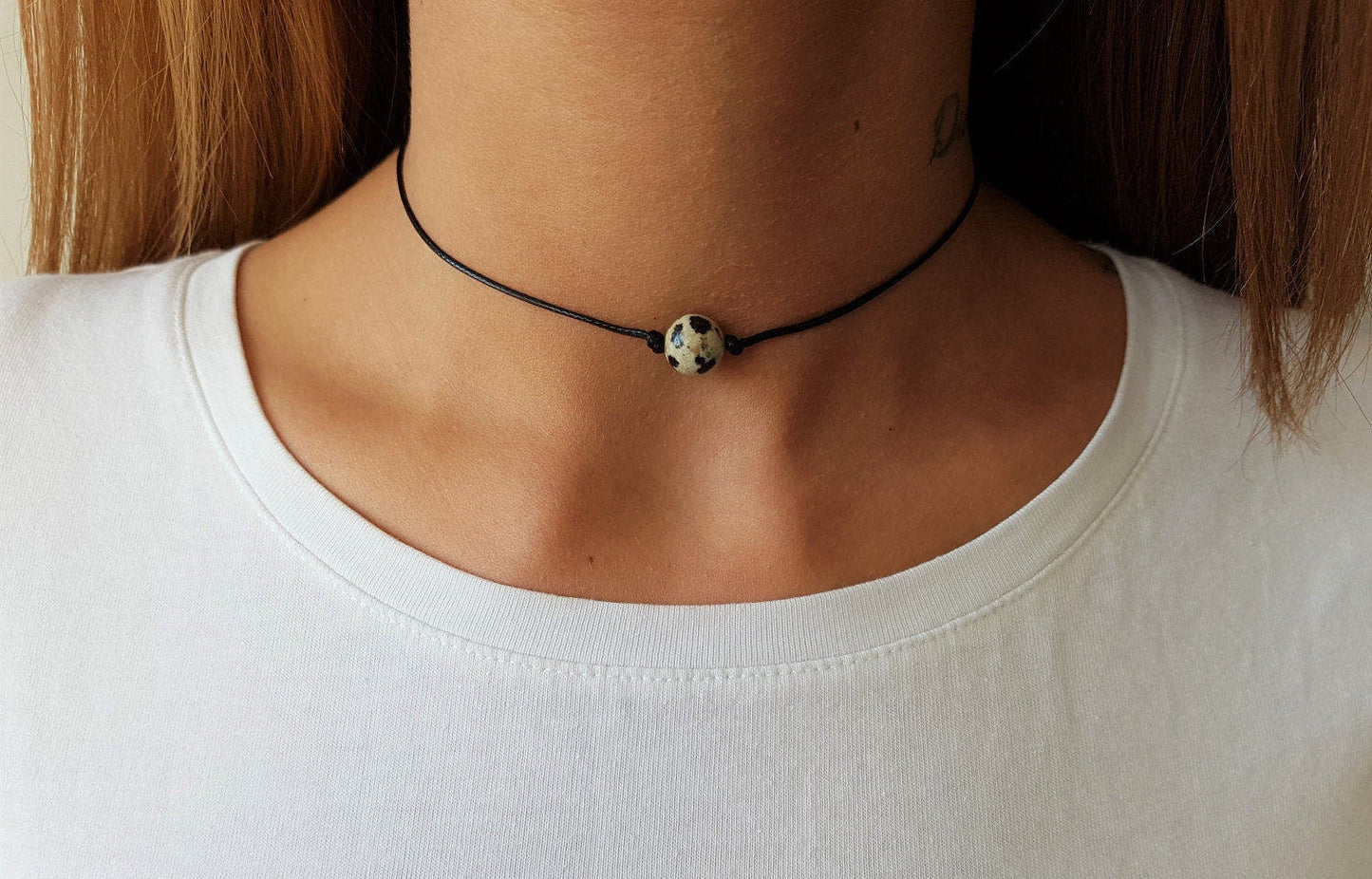Jasper Choker, Gemstone Choker, Cute Choker, Choker Necklace, Boho Choker, Bohemian Choker, Single Bead Choker, Thin Black Choker, Beige