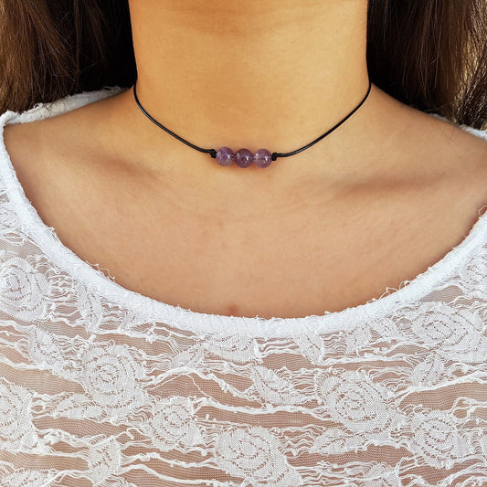 Amethyst Choker, Gemstone Choker, Boho Choker, Bohemian Choker, Healing Stones, Thin Black Choker, Cute Choker, Choker Necklace, Simple